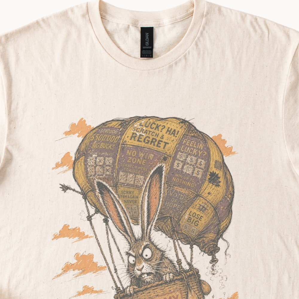 Lucky Rabbit Hot Air Balloon Graphic Tee Darkly Funny Illustration